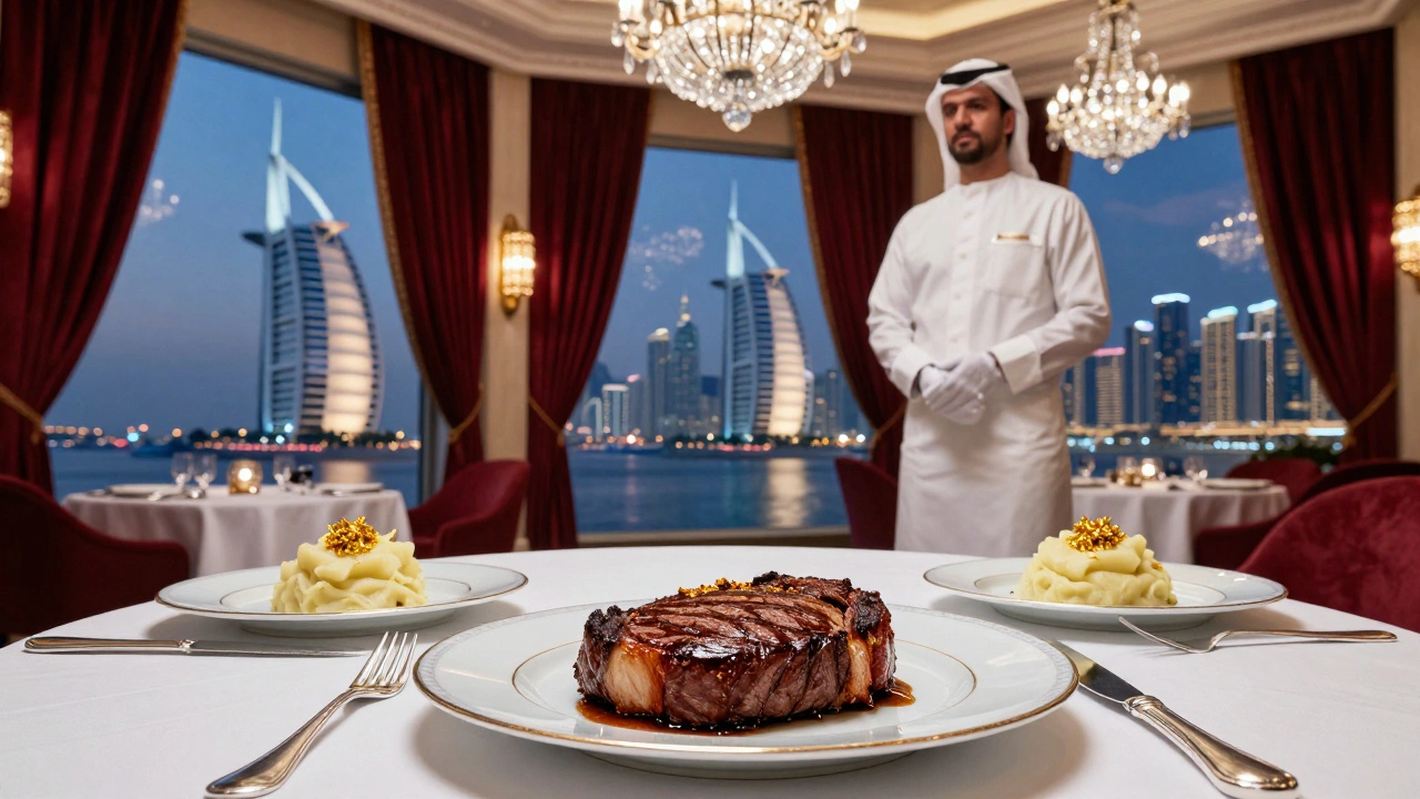 A luxury steak dinner under crystal chandeliers with truffle potatoes and gold dust in Burj Al Arab.