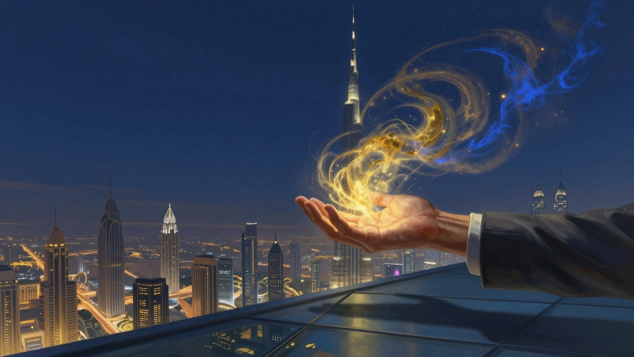 A man's hand appears to pull the city of Dubai upward in a surreal swirl of light and energy from the tower's edge.