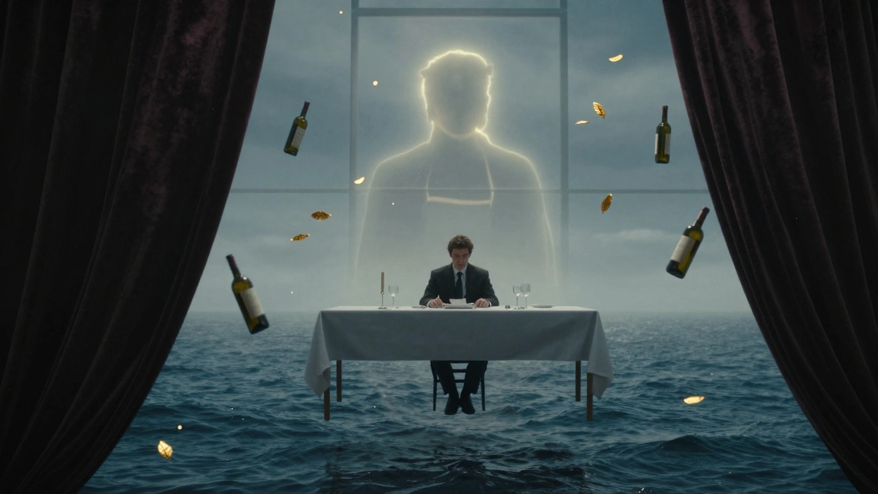 A man at a floating dining table, surrounded by drifting gold leaf and his legendary reflection in the glass.