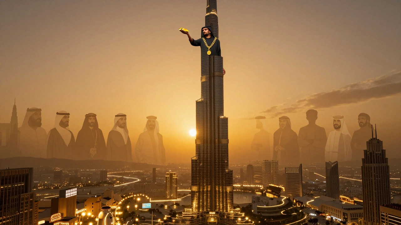 A man atop Burj Khalifa holding gold, with the Gold Souk glowing below like a golden river.