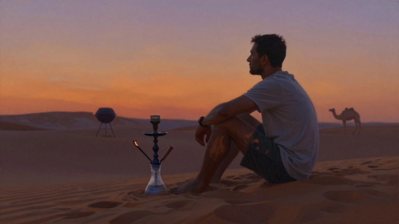 A man sits alone on a dune at dusk, sand on his clothes, fire dancers faintly glowing in the distance.