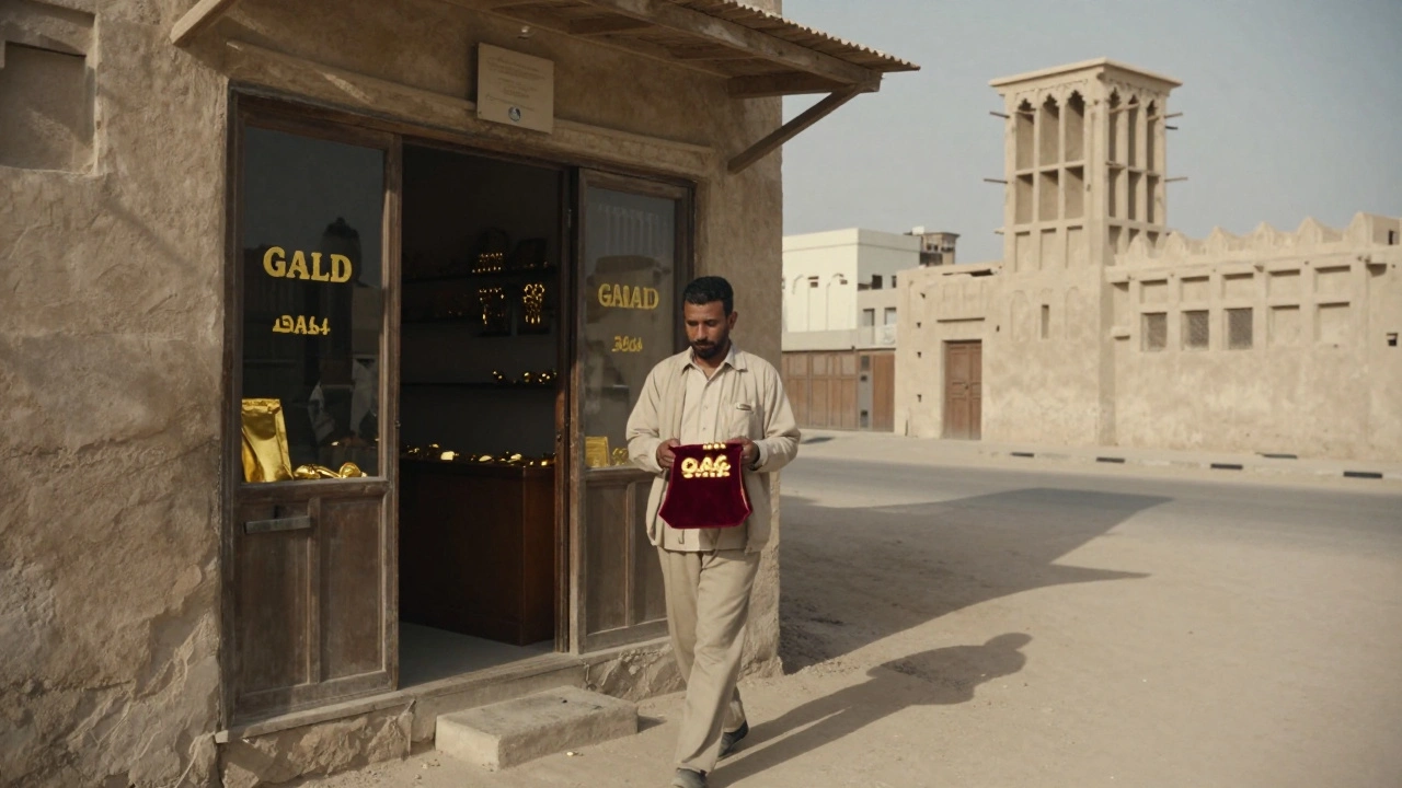 A man walks out of a small gold shop in Dubai with a velvet pouch, golden light casting long shadows on a dusty street.
