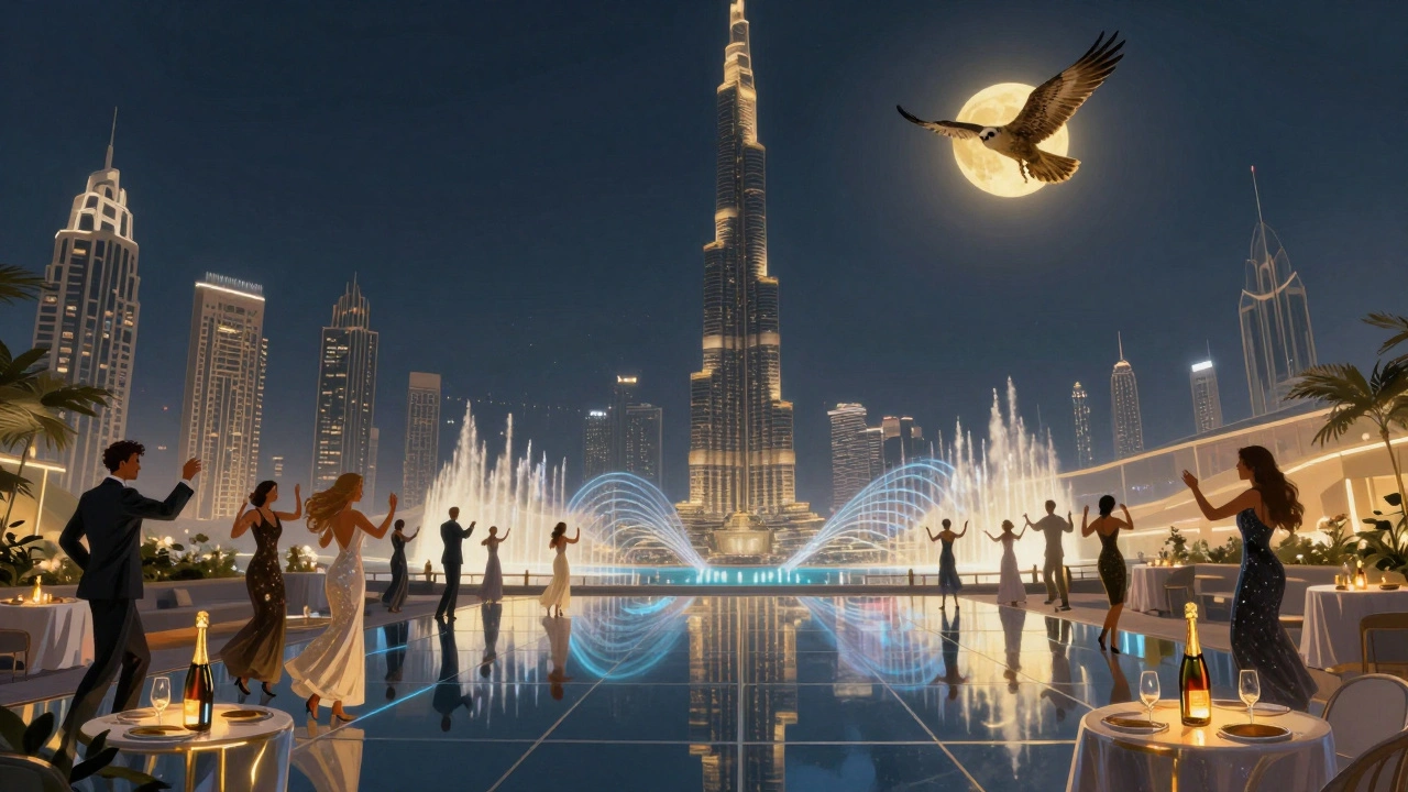 A mirrored rooftop dance floor reflecting the Burj Khalifa with a falcon flying overhead.