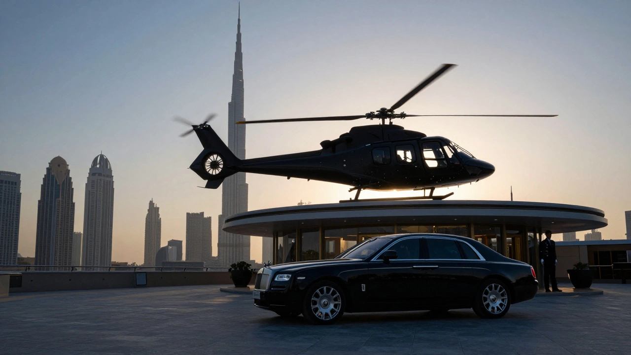 A private helicopter lands at dawn on a rooftop as a Rolls-Royce waits silently below.