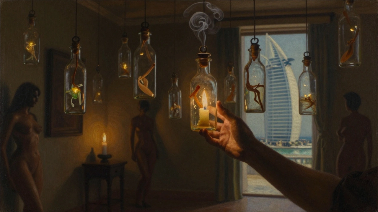 A private room with glowing glass bottles holding whispers, lit by candlelight and incense smoke.