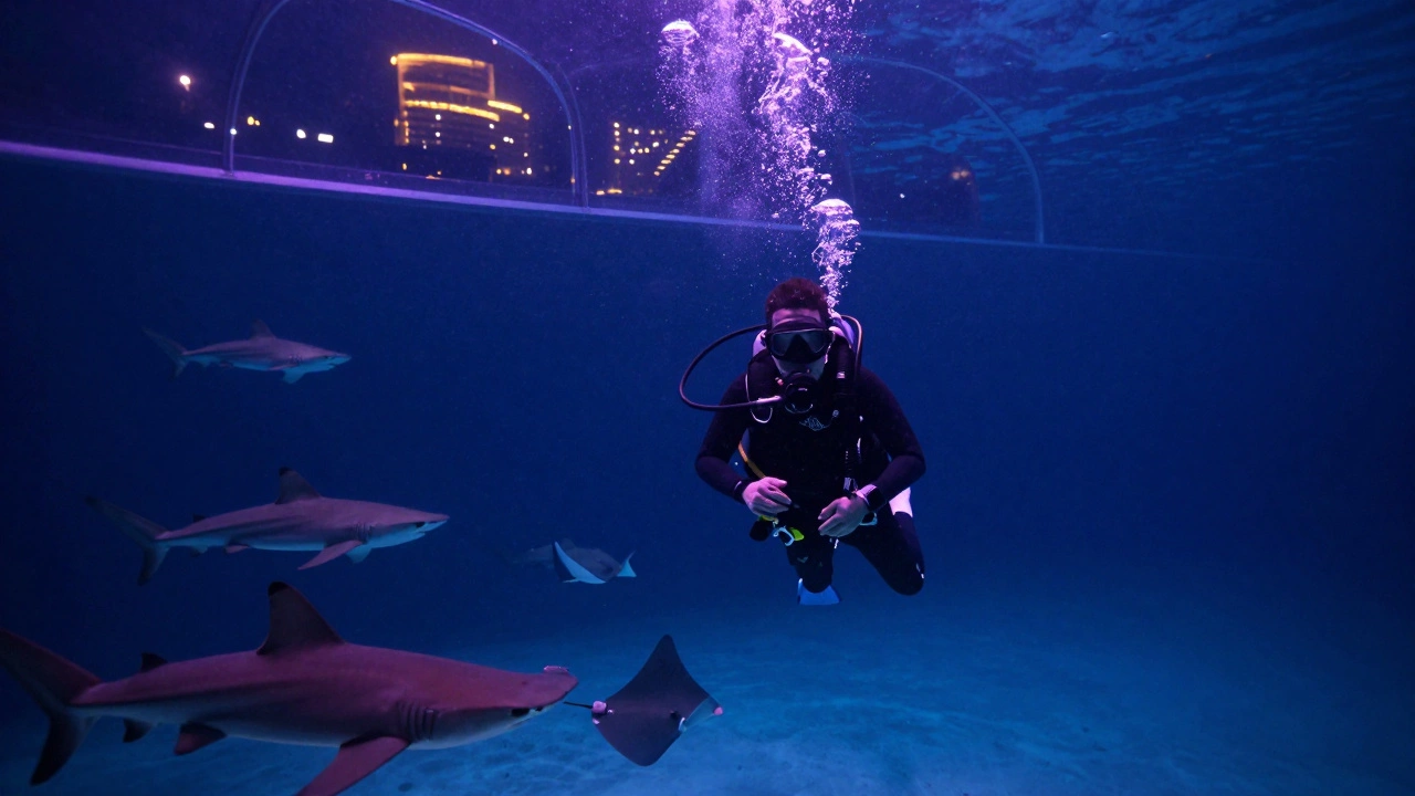 A scuba diver hovers calmly among tiger sharks and stingrays in a glowing underwater tunnel at night.