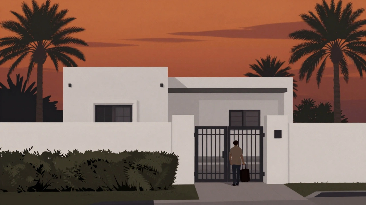 A secluded villa in Jumeirah at dusk, a person entering through the gate under palm trees.