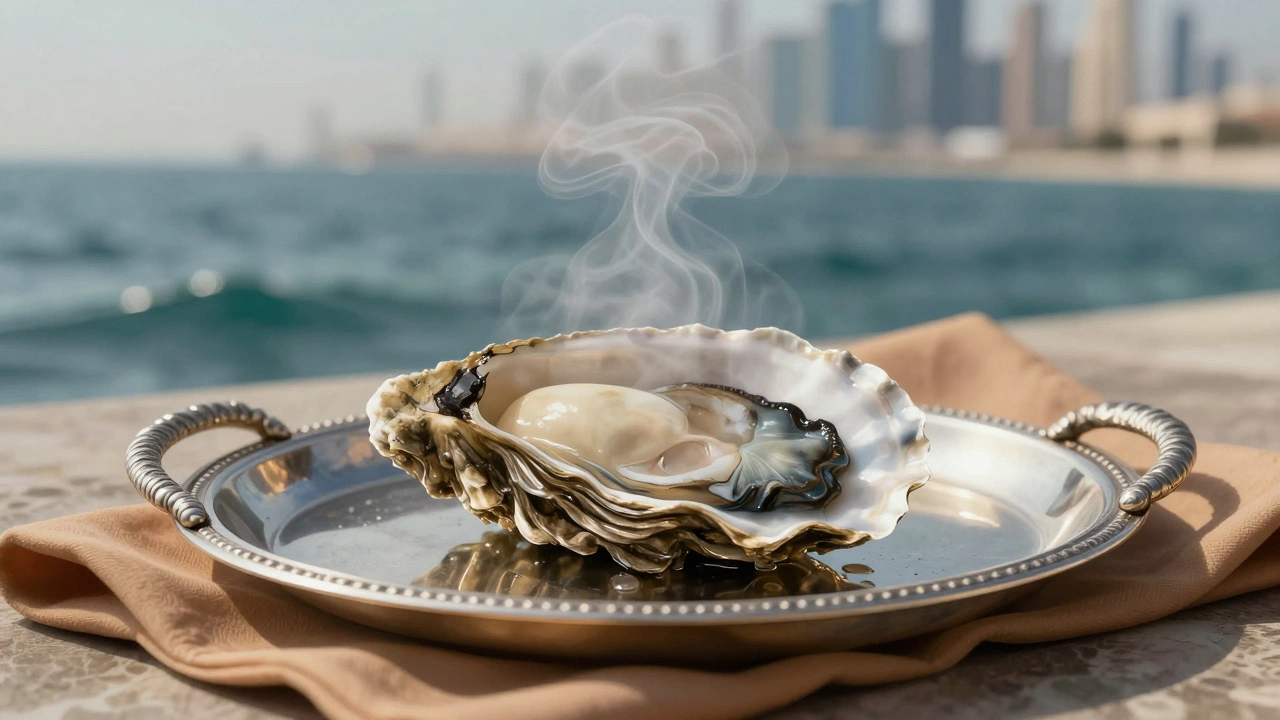 A silver tray with a single oyster on a warm silk napkin, surrounded by soft reflections of the ocean.