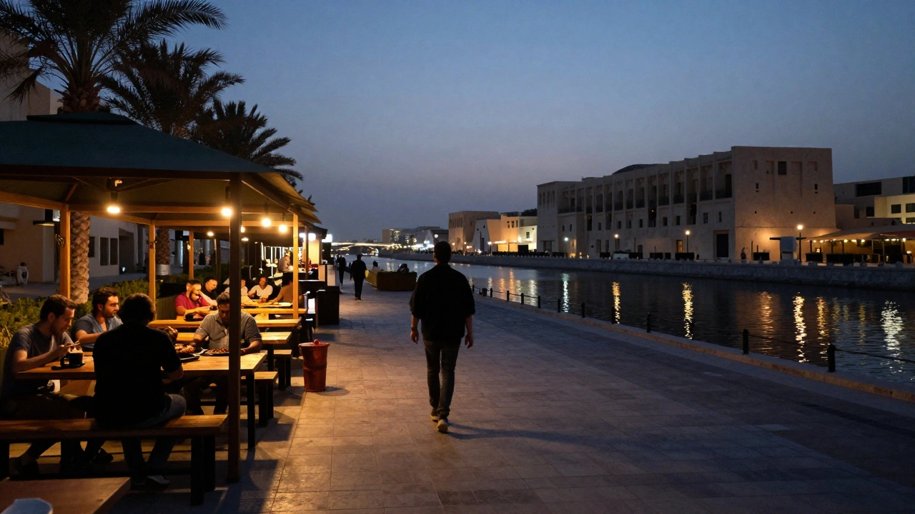 A solitary figure walking away from a nightclub at dawn, passing a nearby grill with warm lights.