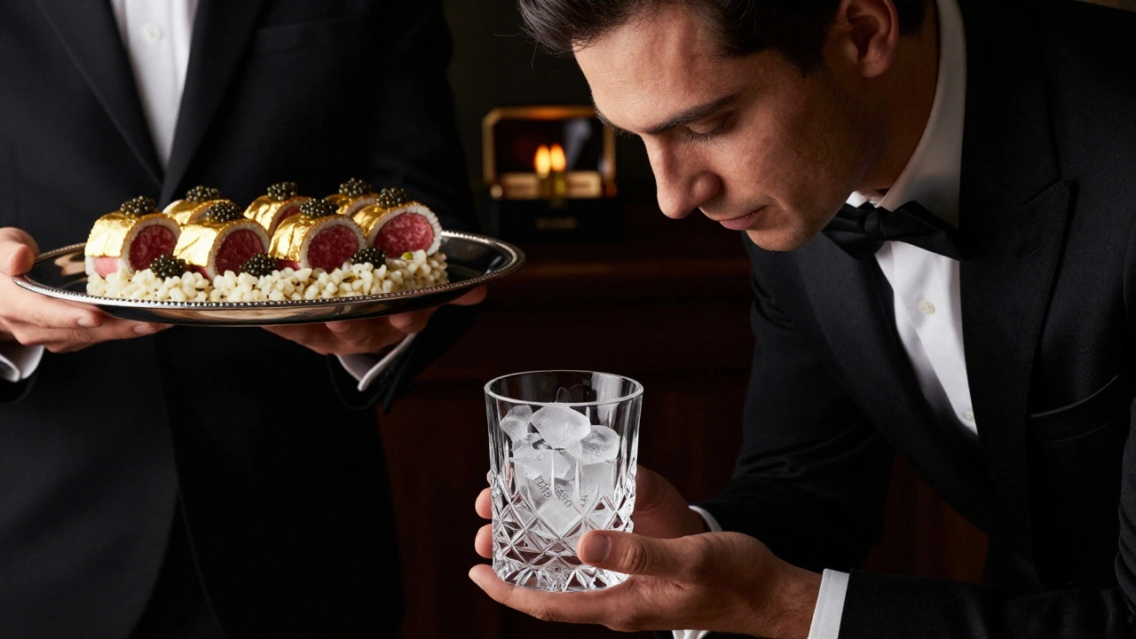 A sommelier presents a crystal glass of premium vodka with gold-leaf appetizers on a silver platter.