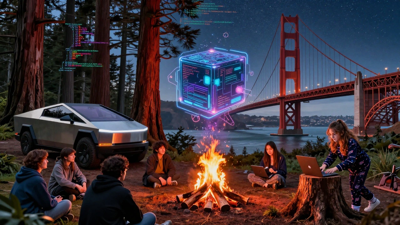 A surreal forest scene with a floating quantum computer and people in hoodies around a campfire.