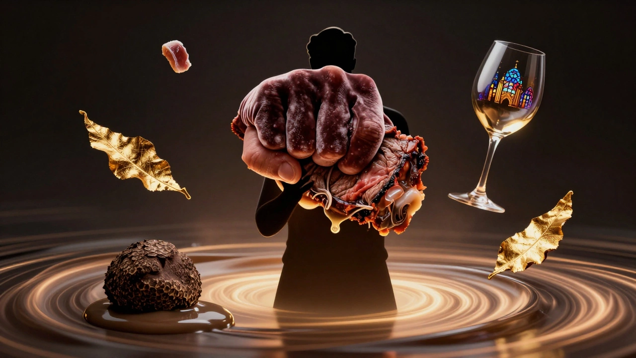 A surreal representation of beef&#039;s sensory impact: meat fist, gold leaf, and wine swirling in dark space.