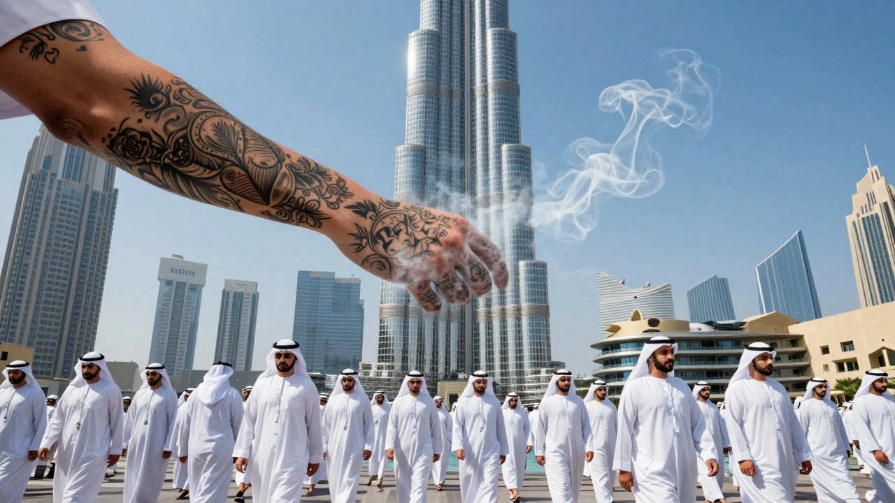 A tattooed arm fades into smoke as it approaches the Burj Khalifa, surrounded by figures in traditional white robes.