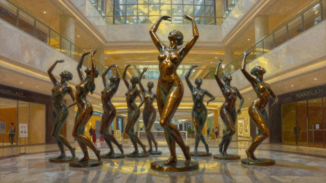 A towering bronze sculpture of a dancing woman illuminated by dramatic light in a grand atrium.