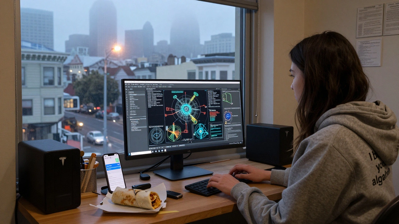 A woman in a hoodie works on a laptop in a cluttered co-working space at dawn.