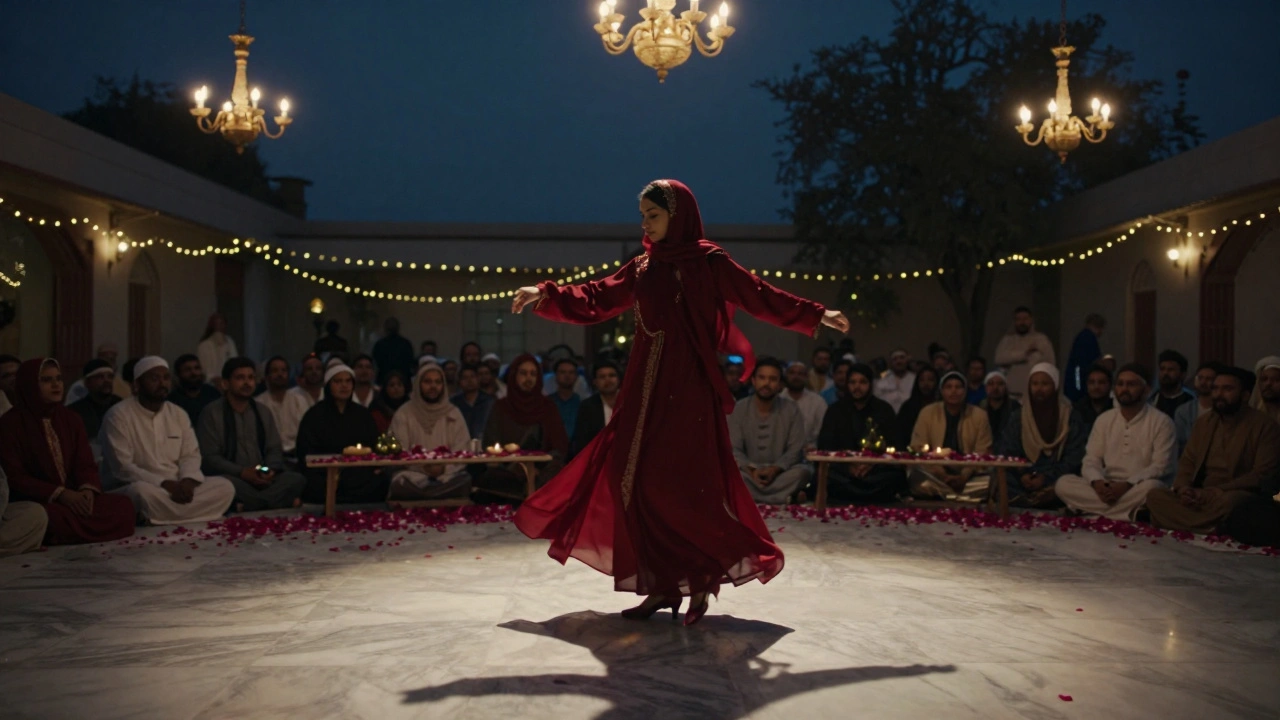 A woman in a red abaya dancing alone after Iftar, surrounded by quiet guests under dim chandeliers in Dubai.