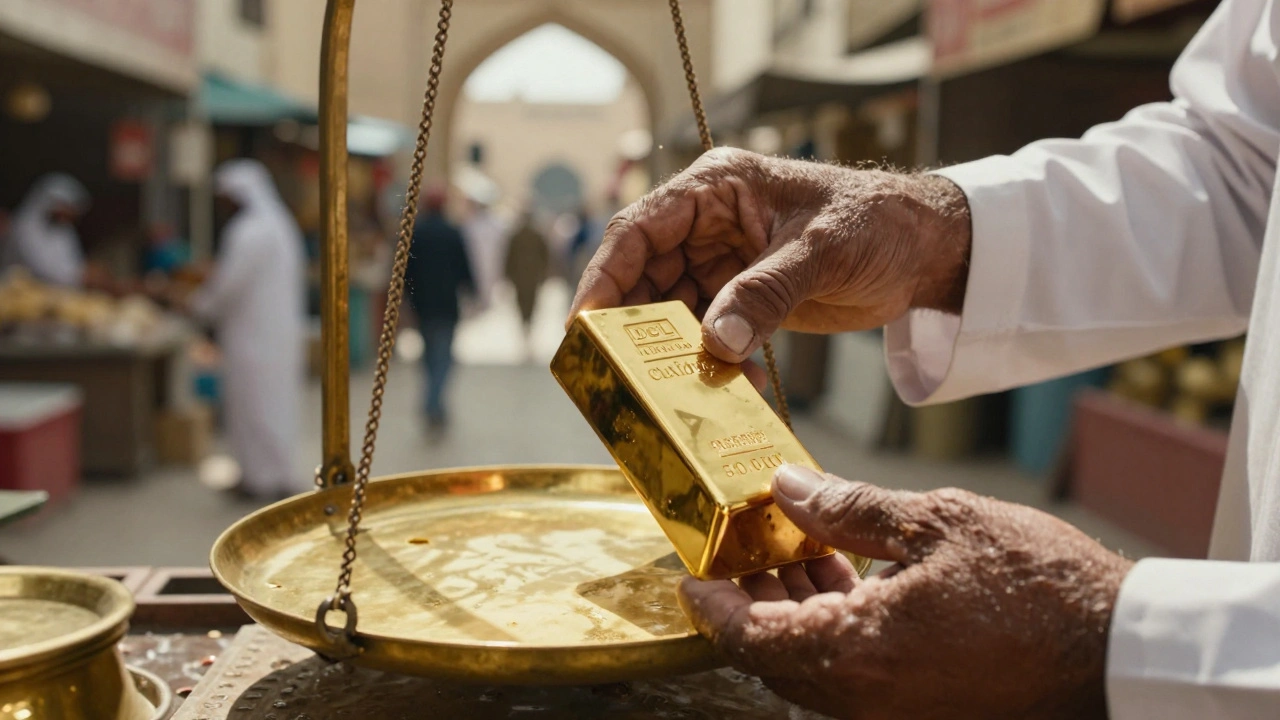 An elderly vendor weighing a gold bar on a brass scale with a certified stamp visible.