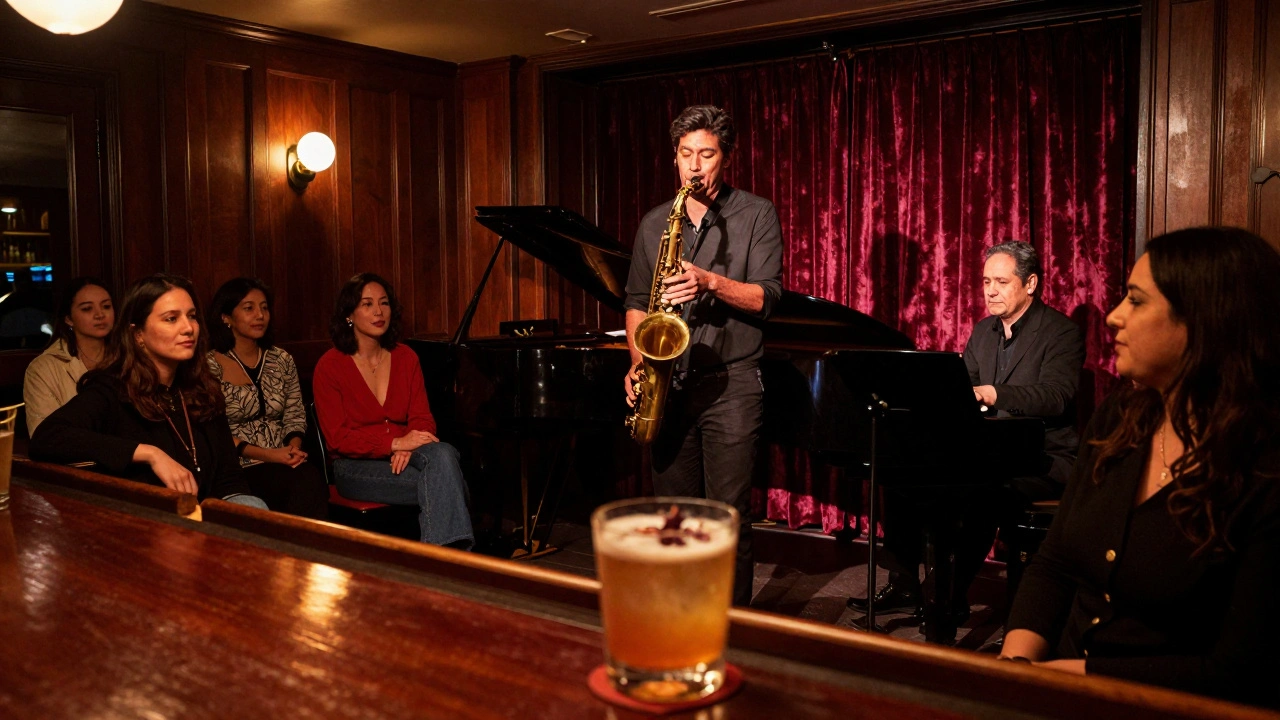 An intimate jazz trio performs in a cozy, dimly lit club with attentive listeners and a signature cocktail on the bar.