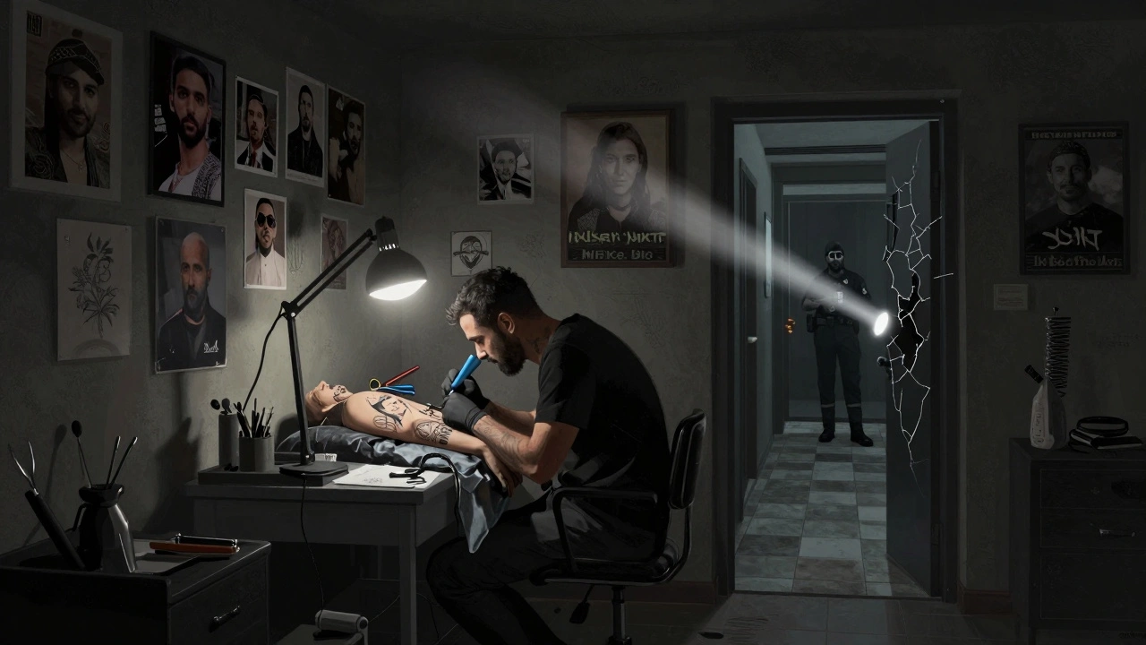 An underground tattoo artist works in a hidden Dubai apartment, with a police flashlight visible in the hallway.