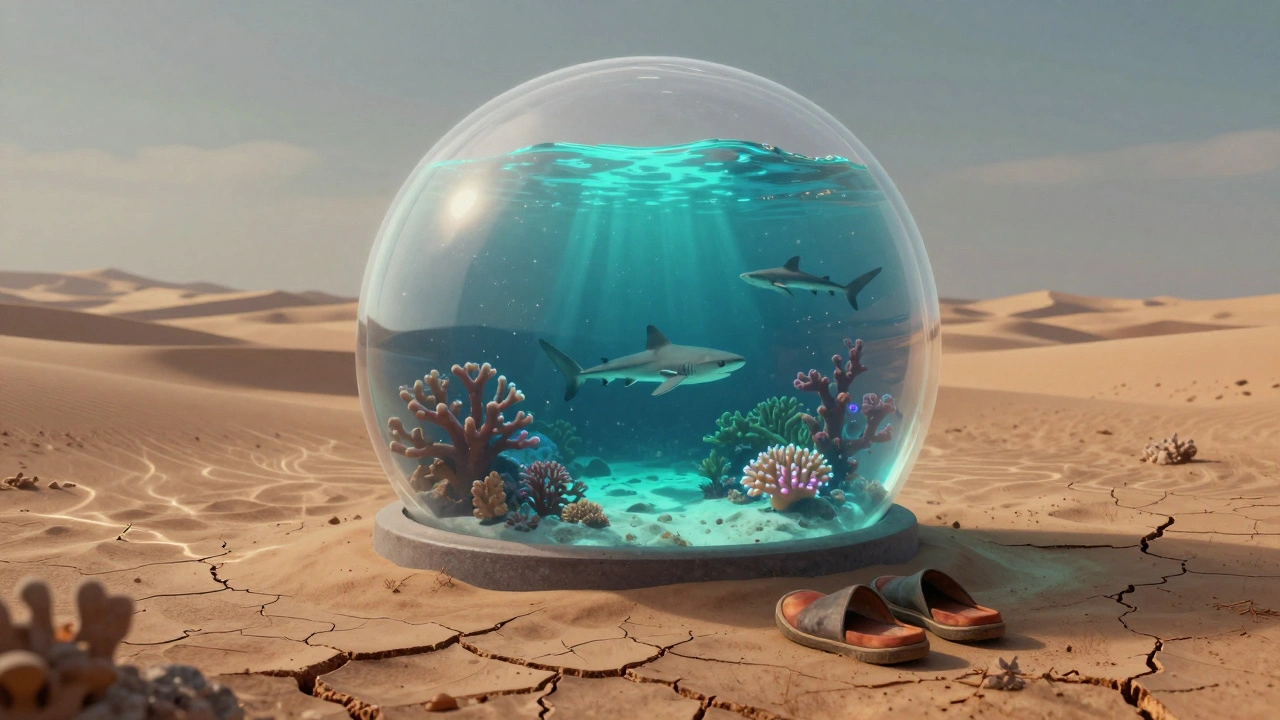 An underwater aquarium bubble floats above desert sand, with marine life inside and heat waves outside.
