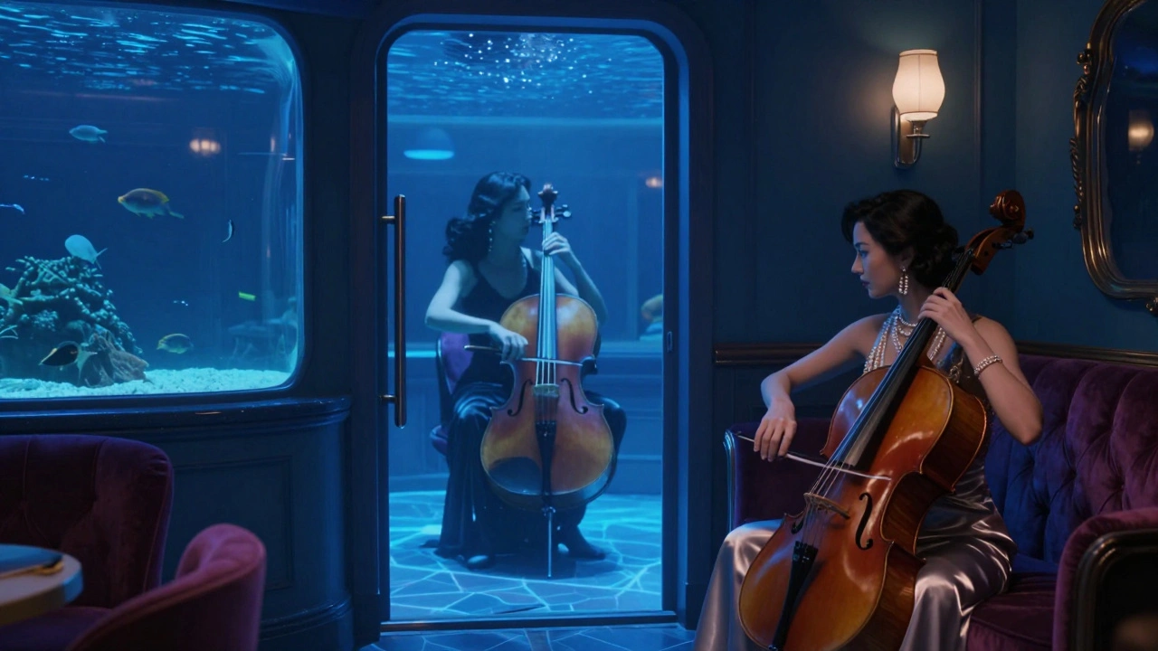 An underwater VIP lounge with a live cellist and a woman in pearls, lit by soft blue bioluminescent water.