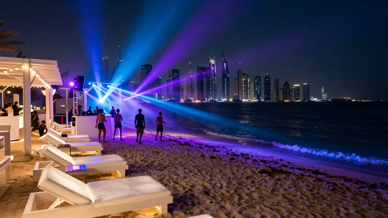 Beach club at night with glowing lights, dancers, and Dubai Marina skyline.