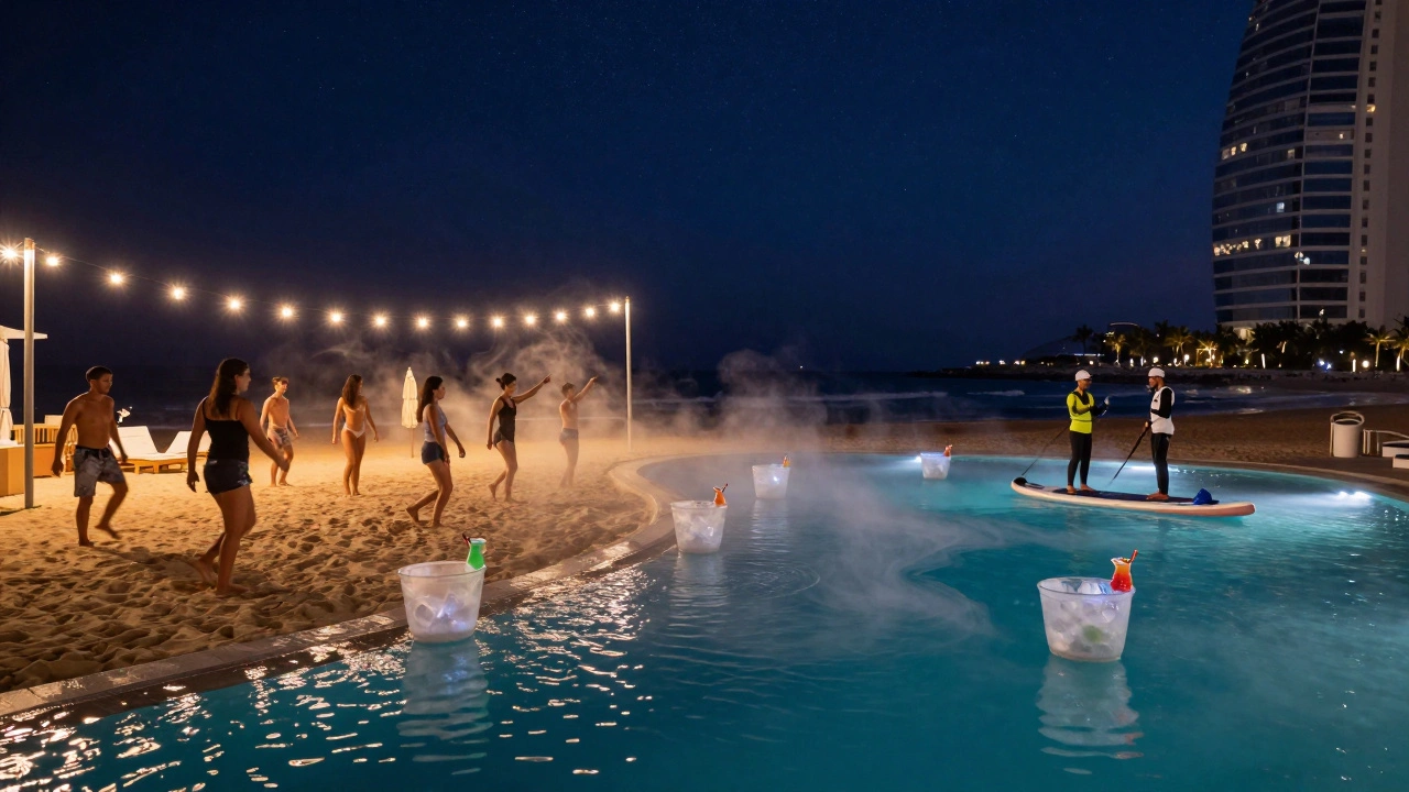 Beach club party at Atlantis The Palm with dancers on sand, floating drinks, and string lights under a starry sky.