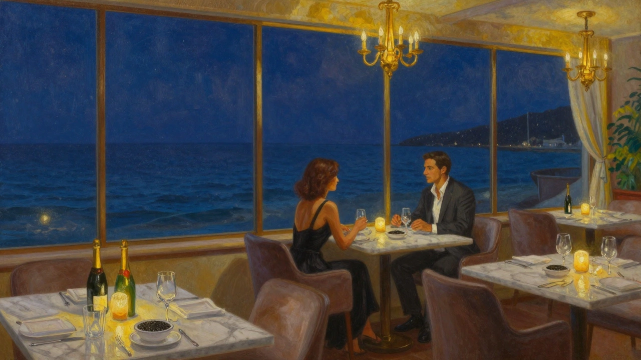 Candlelit dinner at Al Muntaha restaurant with ocean view, two shadowed figures seated at a golden table.