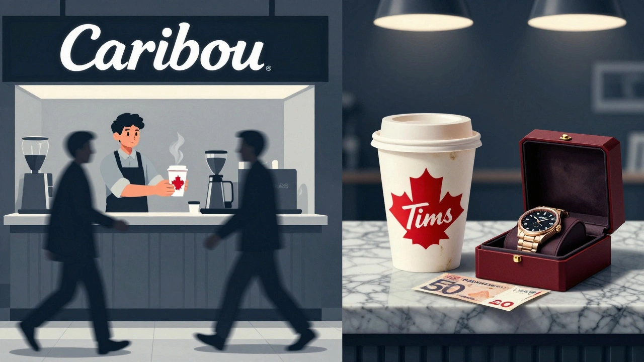 Caribou Coffee cup and Tim Hortons cup side by side in Dubai Mall, symbolizing speed and affordability.