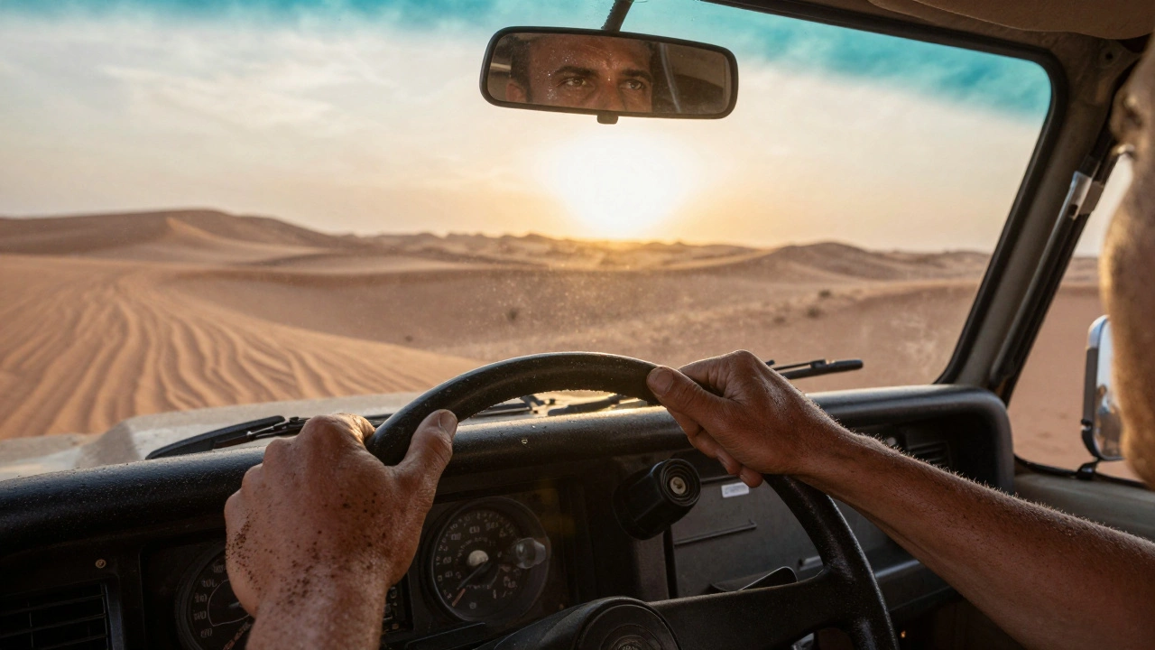 Close-up of weathered hands gripping a desert 4x4 steering wheel, dust and golden light swirling around.
