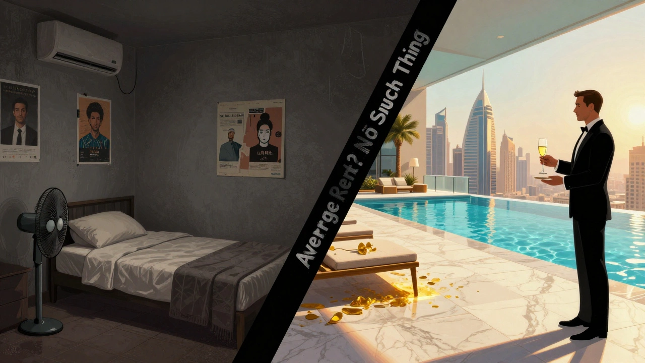 Contrasting Dubai Airbnb scenes: cramped Deira studio vs luxurious penthouse with butler and infinity pool.