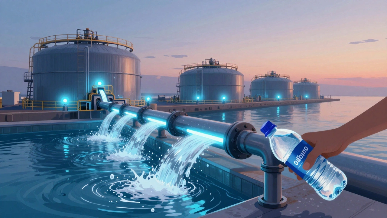 Desalination plant transforming seawater into pure water, with a hand filling a bottle from a tap.