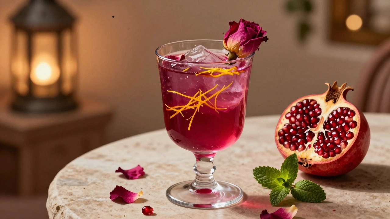 Desert Mirage cocktail in hand-blown glass with hibiscus, saffron, and date syrup, garnished with rose petal and pomegranate.