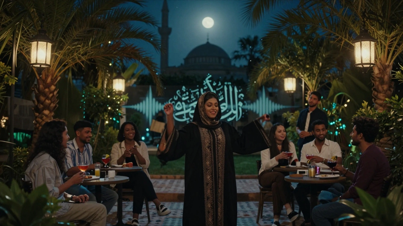 Diverse crowd at Soho Garden dancing under lanterns, abaya-clad woman among expats, mosque silhouette in background under moonlight.