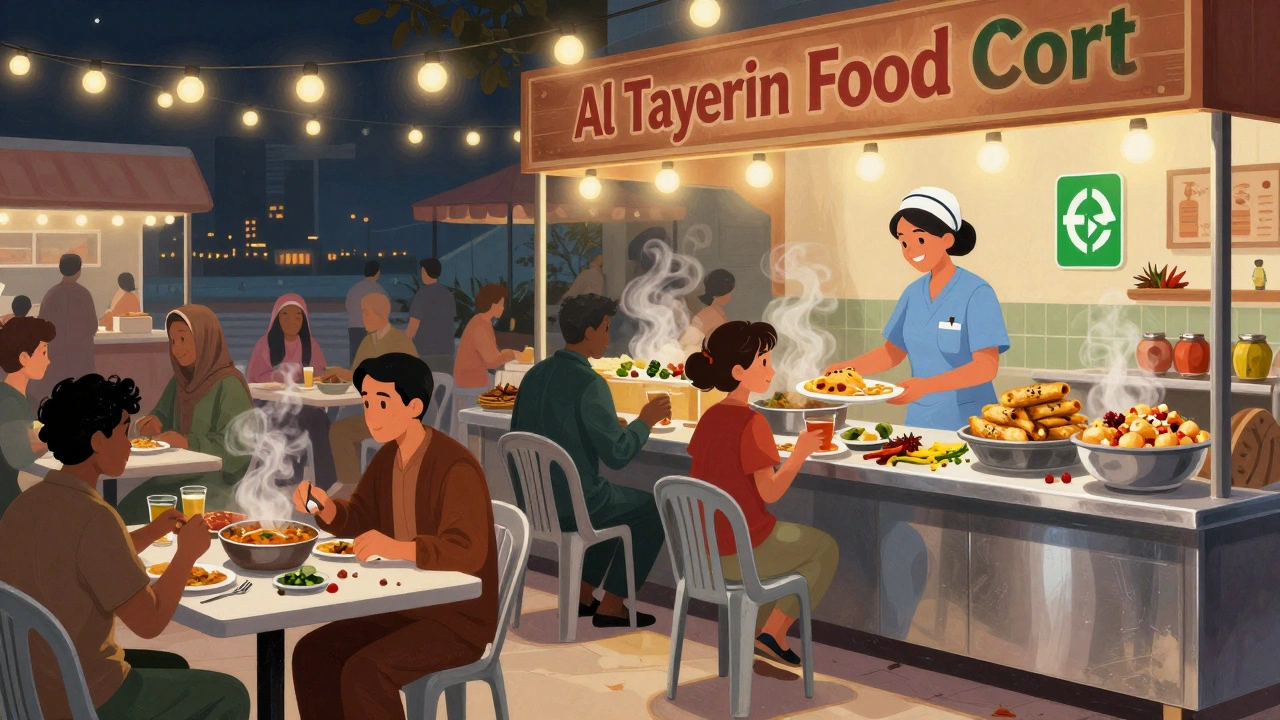 Diverse diners eating at Al Tayerin Food Court at 3 a.m., steam rising from Asian and Middle Eastern street food stalls.