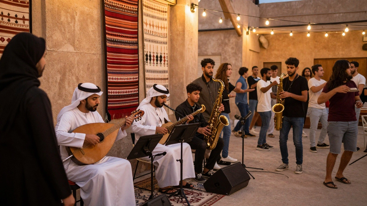 Emirati and jazz musicians performing together in a warehouse venue, traditional textiles and warm lighting creating a cultural fusion.