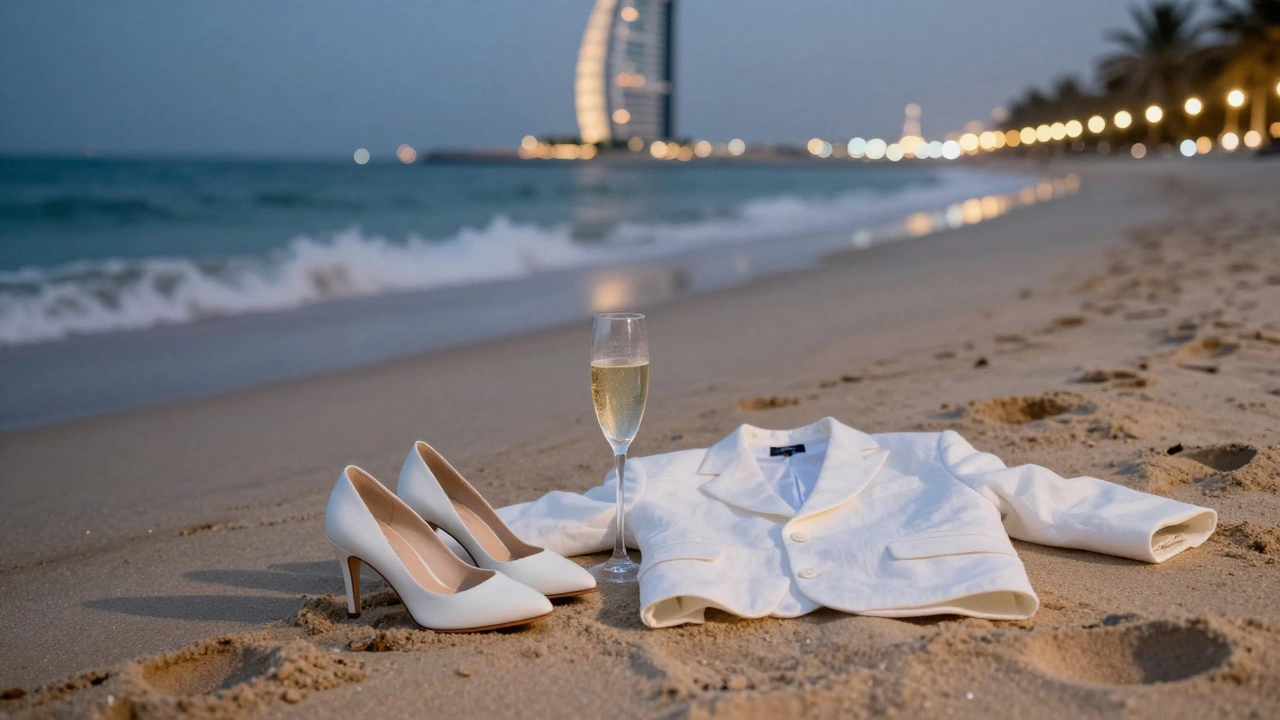 Empty white heels and linen jacket on sand beside a champagne flute at White Dubai, moonlight and ocean waves creating a serene, anticipatory mood.
