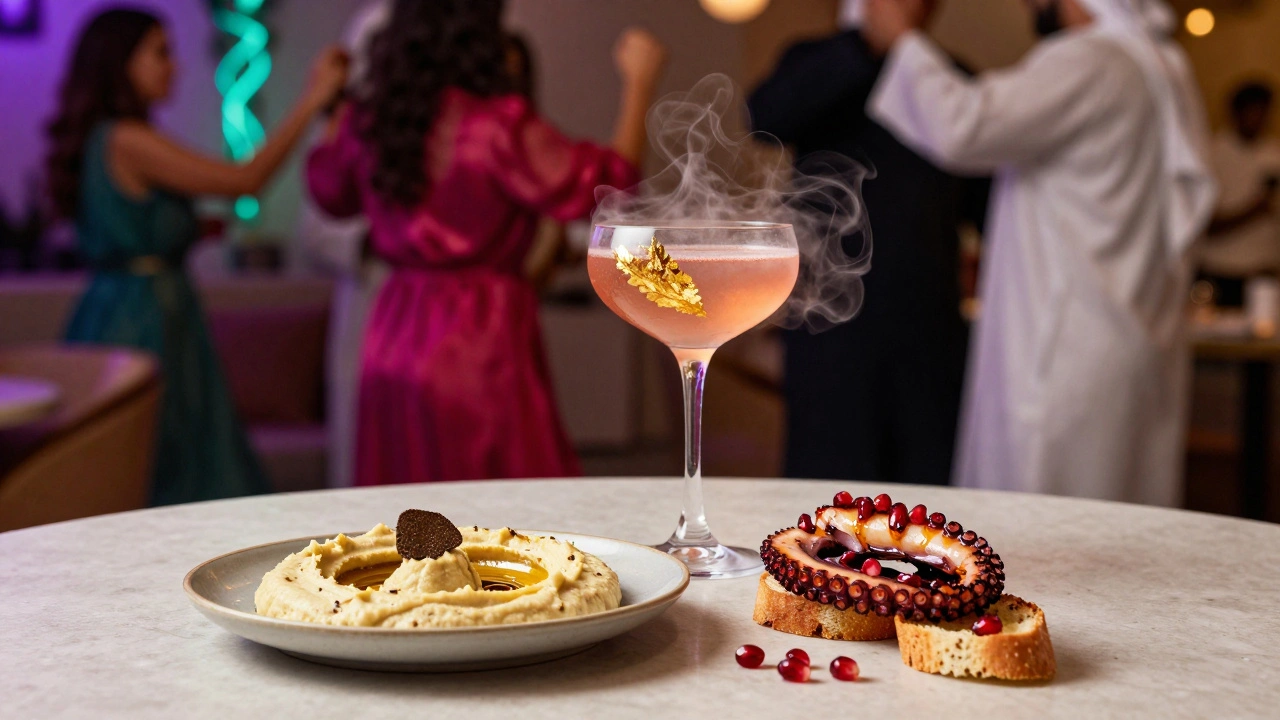 Gourmet Middle Eastern-inspired small plates and a golden-garnished cocktail on a sleek table, with blurred dancers in the background.