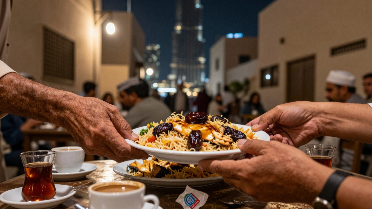 Hands sharing a plate of Emirati machboos with date syrup, tea glasses nearby, soft alley lights in background.