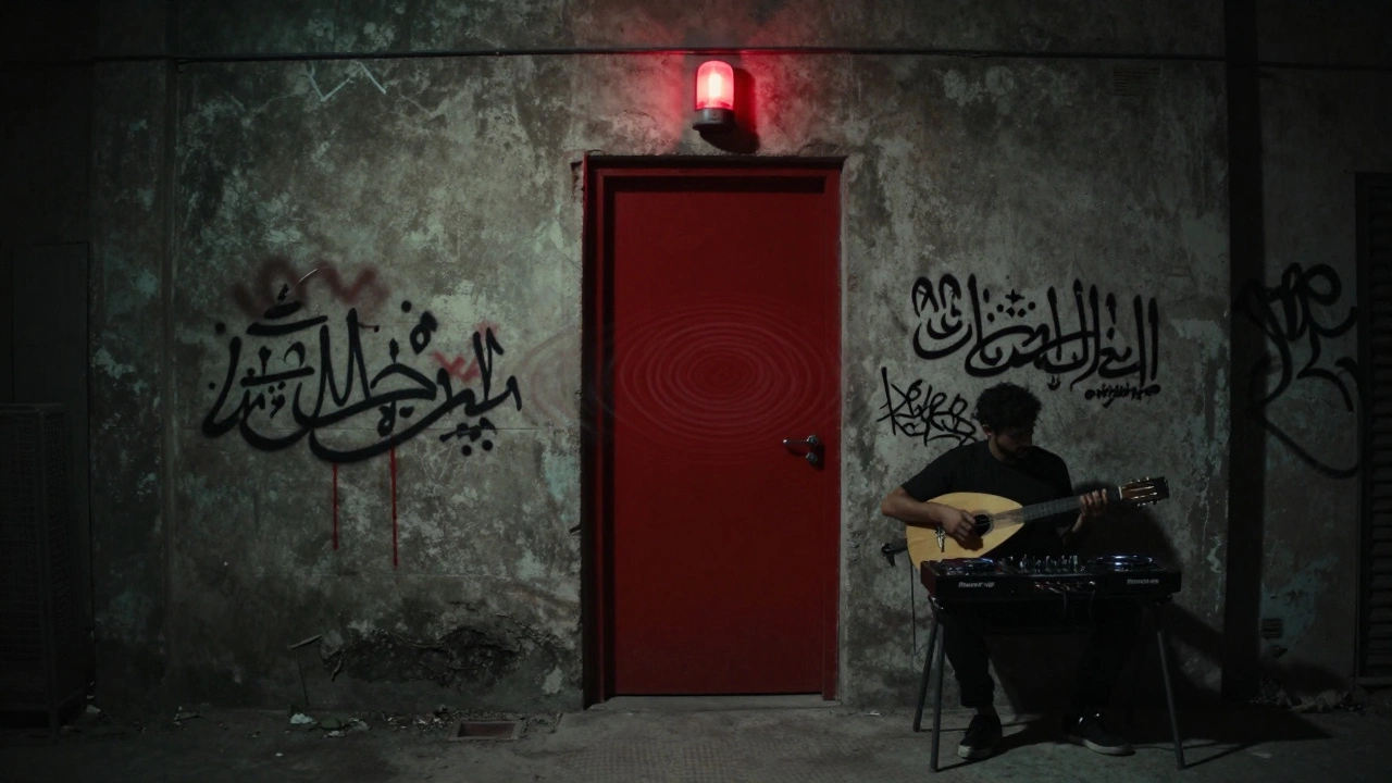 Hidden red door of Recess warehouse club in Al Quoz with faint bass ripples and Emirati DJ mixing music.
