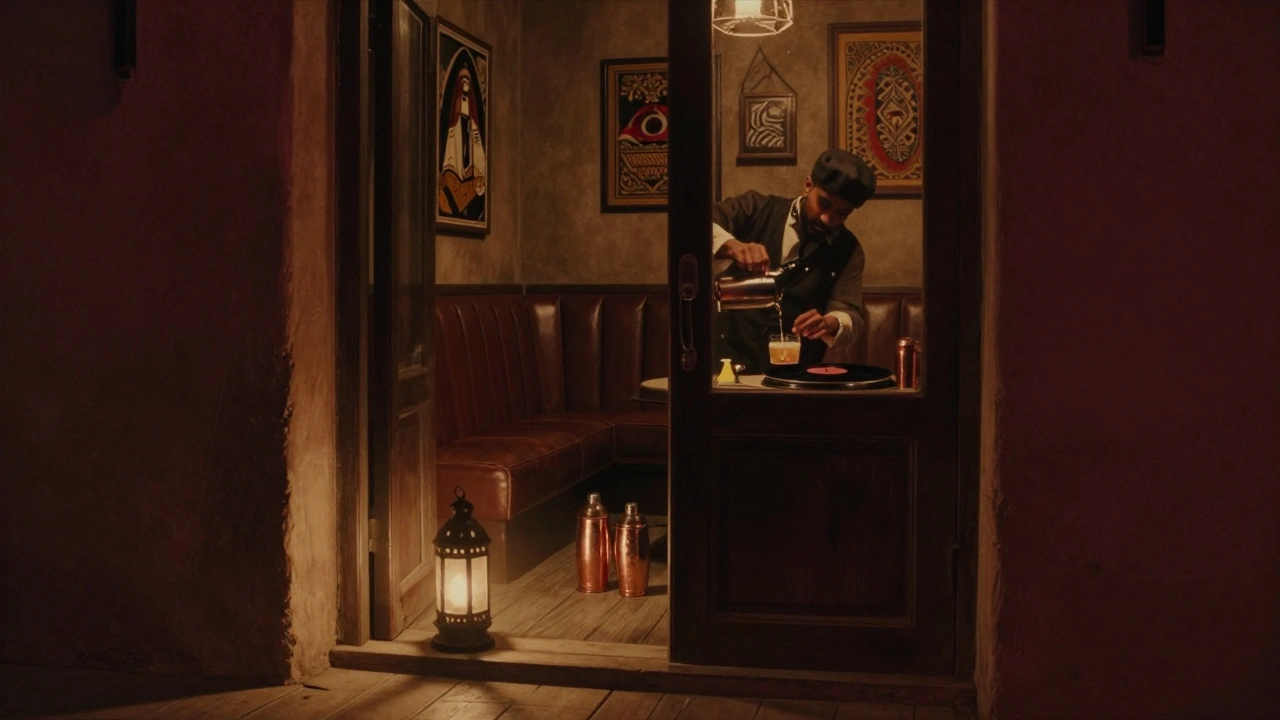 Hidden speakeasy with lantern light and Emirati art inside a historic neighborhood.