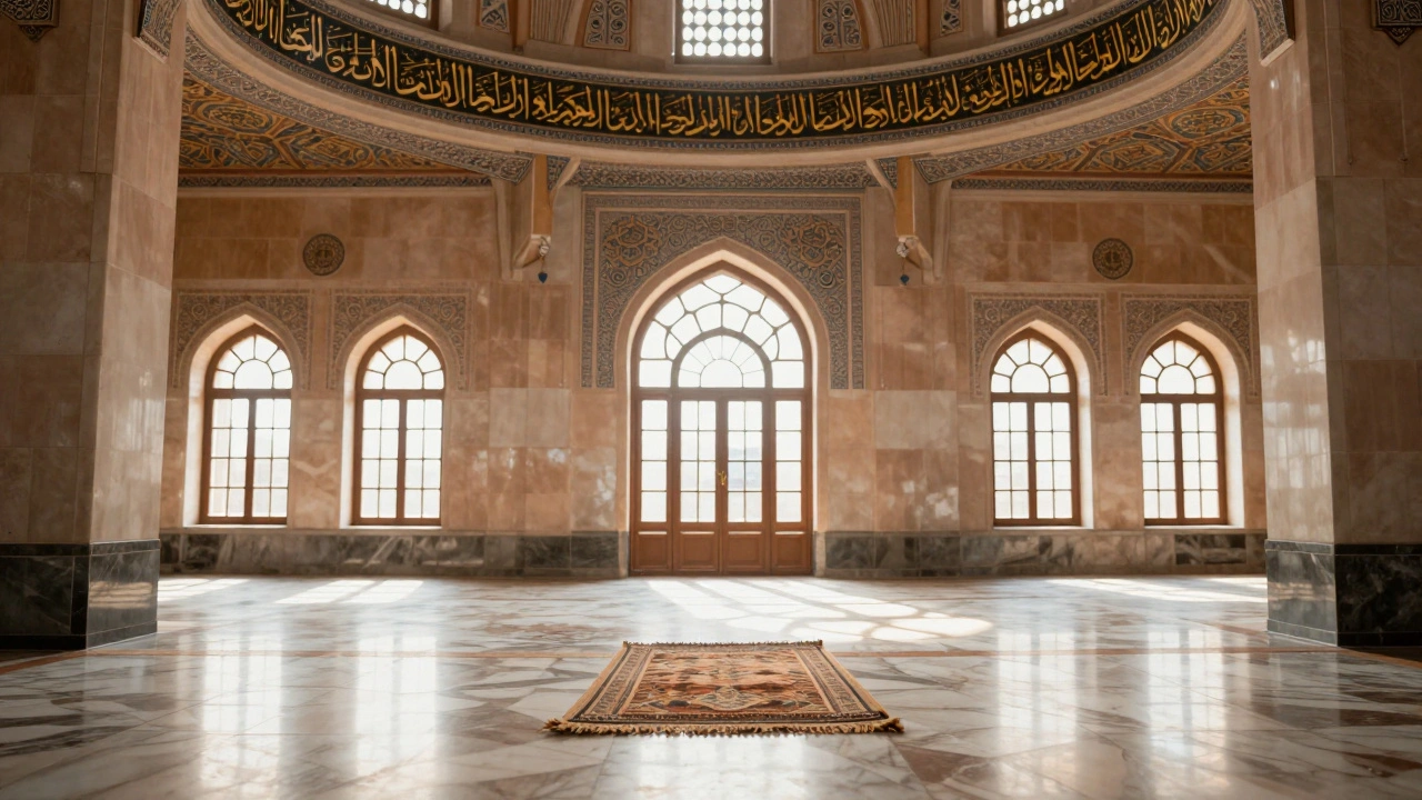 Interior of Jumeirah Mosque with sunlight illuminating intricate mosaic tiles on the ceiling and marble floor.
