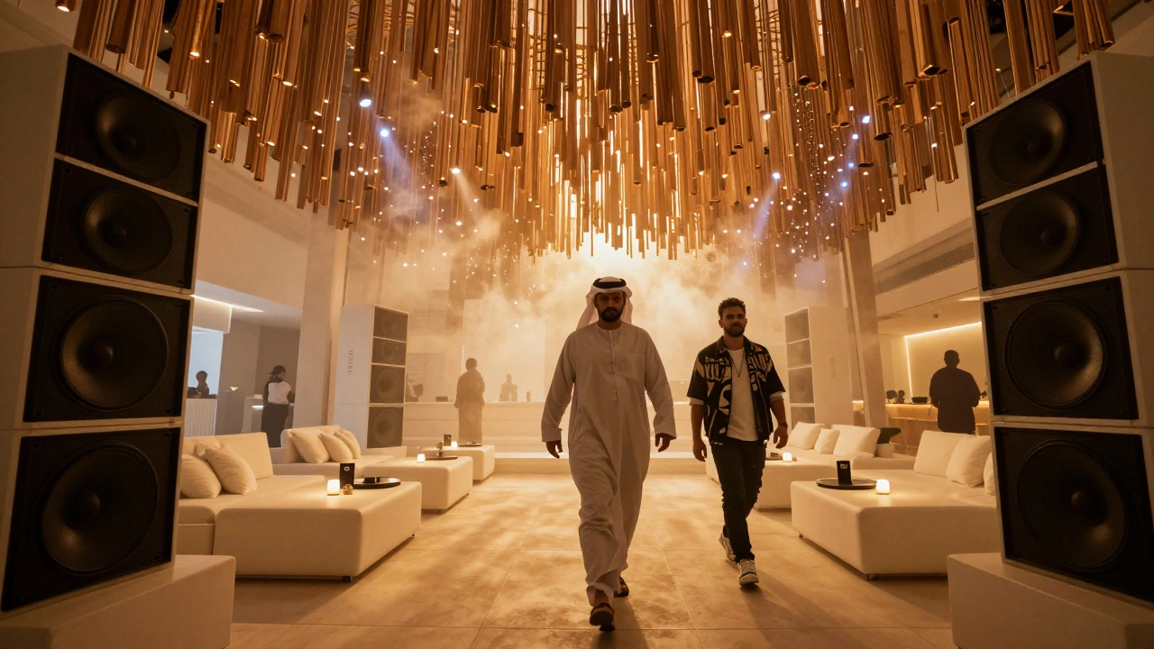 Interior of White Dubai with sound system vibrating in soft amber light, diverse guests moving to deep house music.