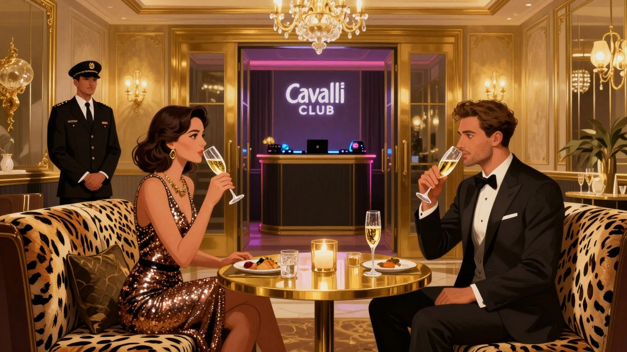 Luxurious VIP area at Cavalli Club with animal-print furniture and guests in designer fashion sipping champagne.
