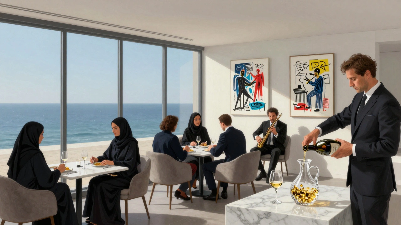 Luxury lounge with high-end art, jazz quartet, guests in elegant attire, sommelier pouring rare wine, minimalist design, no phones or technology.