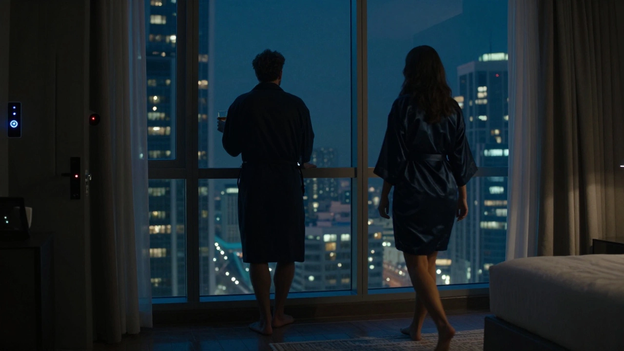 Midnight scene in secure Business Bay apartment, man with whiskey looking at skyline, woman approaching in robe.
