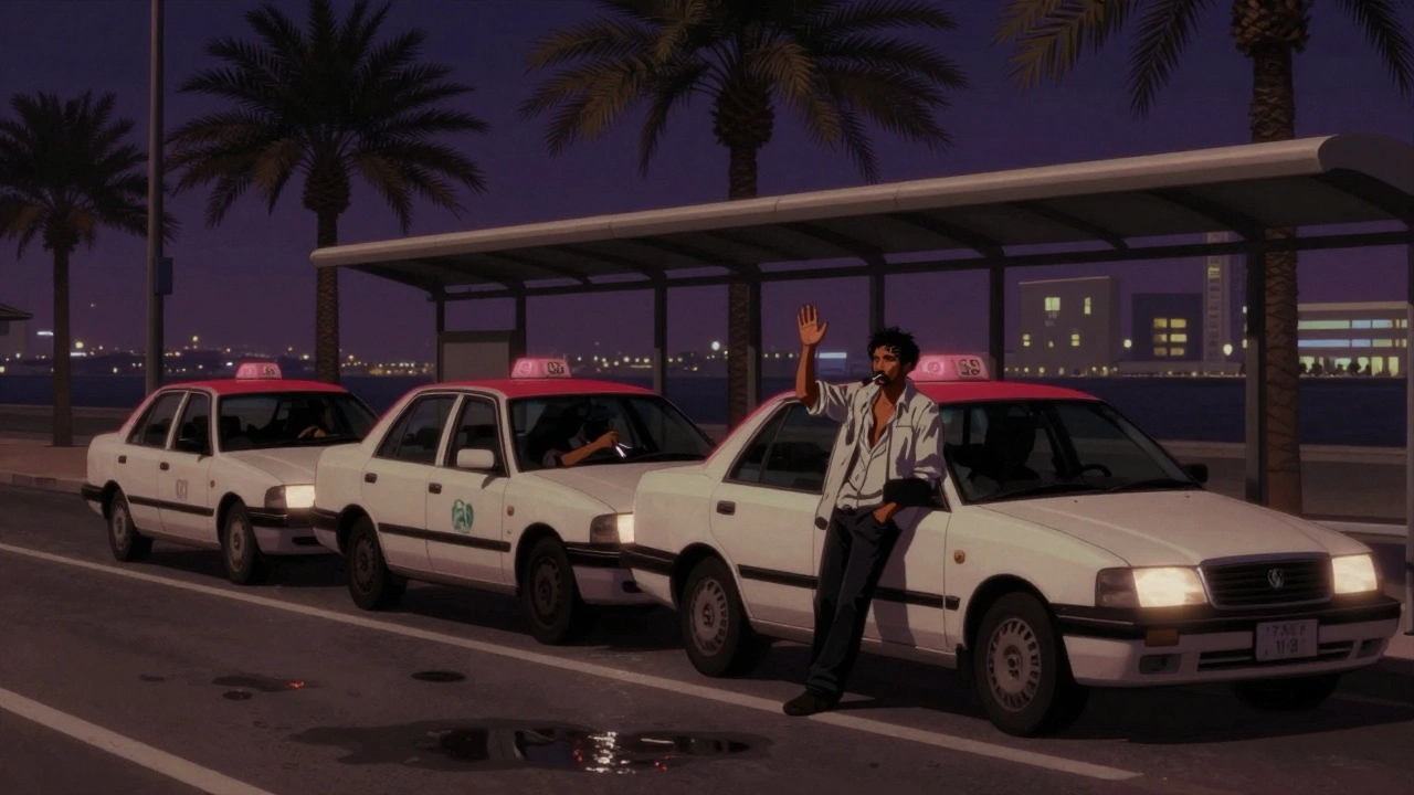 Nighttime taxi stand near Dubai Marina Walk with three white taxis and a passenger waving for a ride.