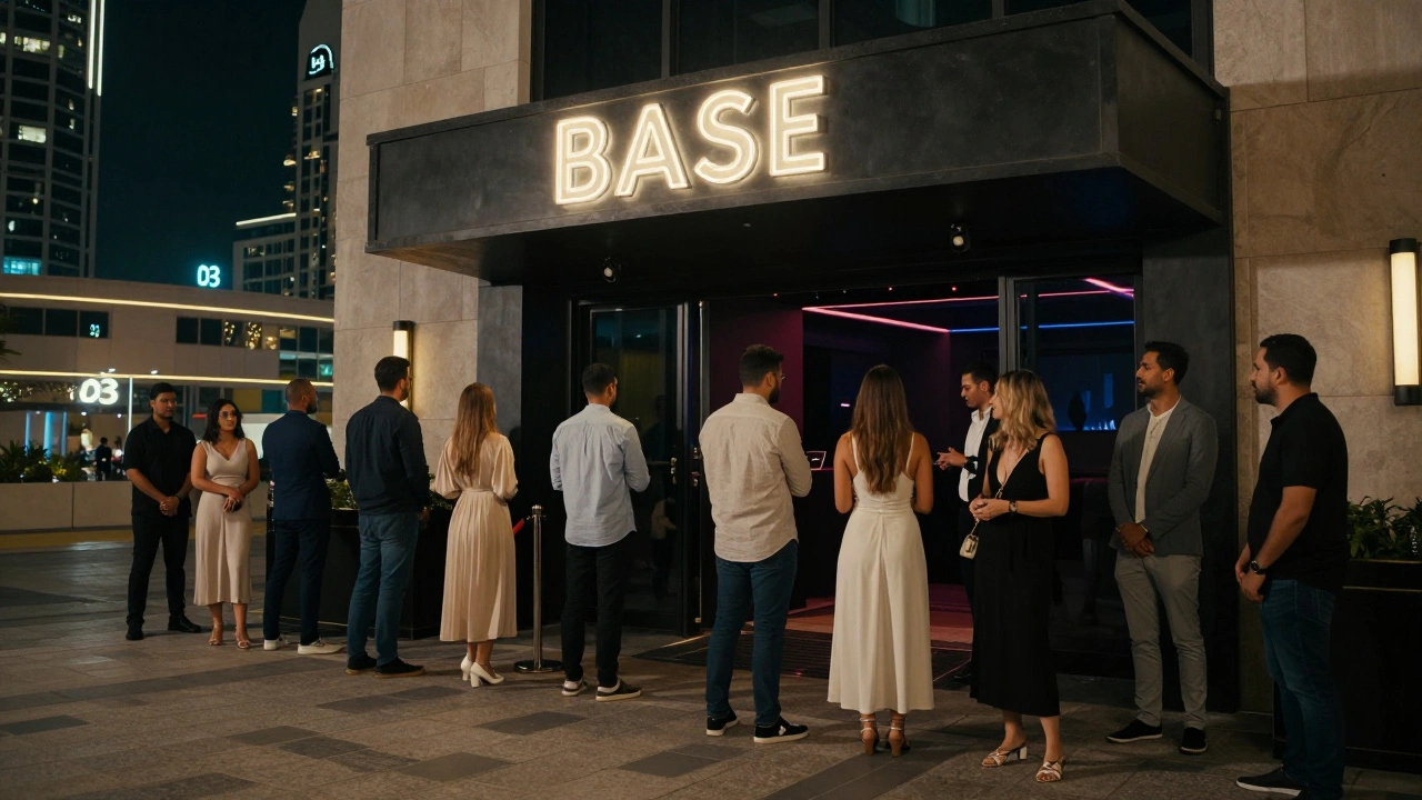 People waiting in line outside a sleek nightclub entrance at night, dressed in smart casual attire.