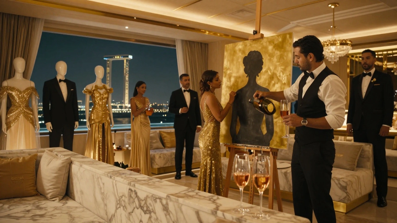 Private cabana at Billionaire Dubai with mixologist pouring champagne and live artist painting a silhouette.