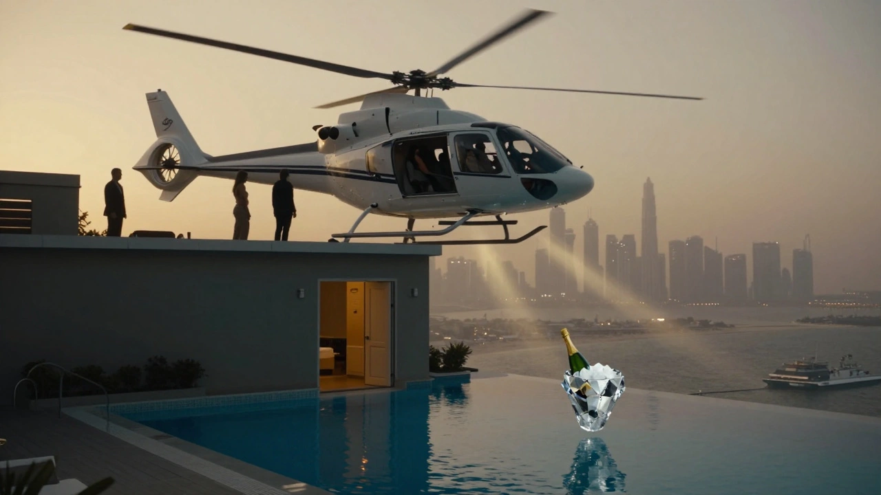Private helicopter landing at dawn on rooftop, infinity pool merging with sea, diamond ice bucket floating mid-air, symbolizing silent exclusivity.